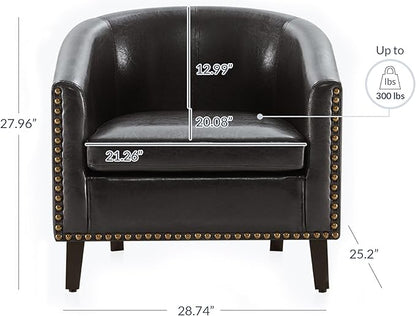 BELLEZE Accent Barrel Chair, Modern Faux Leather Tub Club Chair Upholstered Armchair with Gold Nail Head Trim and Black Legs for Living Room Bedroom Apartment Lounge - Dark Brown