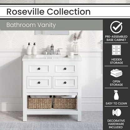 Hanover Roseville 31'' Vanity Cabinet with Sink Combo for Bathroom, Powder Room | Pre-Assembled Cabinet | 2 Drawers, Bottom Shelf | Artificial Stone Countertop | White Cabinet | HANVN0108-31-1WH