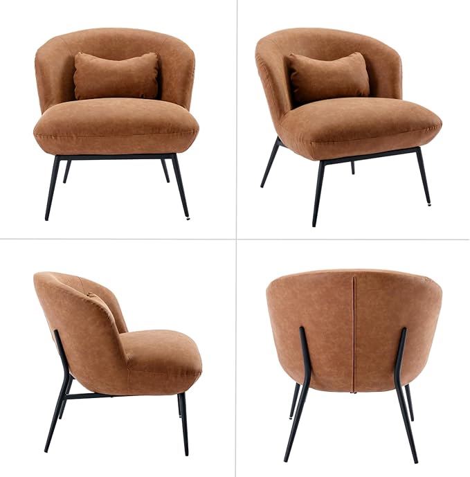 HEAH-YO Modern Accent Chairs Set of 2, Living Room Chairs with Barrel Backrests, Upholstered PU Faux Leather Armless Chairs for Bedroom, Brown