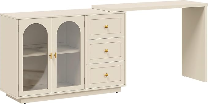 RoyalCraft L Shaped Home Office Desk, Large Extendable and Rotatable Desk with 3 Drawers and 2 Doors, Corner Computer Desk, Modern Study Writing Table for Bedroom, Home Office, Beige