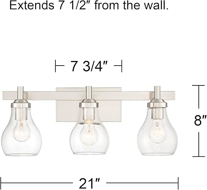 Possini Euro Design Danvers Modern Wall Mount Light Brushed Nickel Silver Hardwired 21" Wide 3-Light Fixture Clear Glass Globe Shade for Bathroom Vanity Mirror House Home Room Decor
