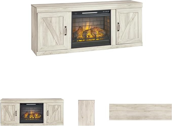 Signature Design by Ashley Bellaby Farmhouse 60" TV Stand with Electric Fireplace for TVs up to 69", Whitewash