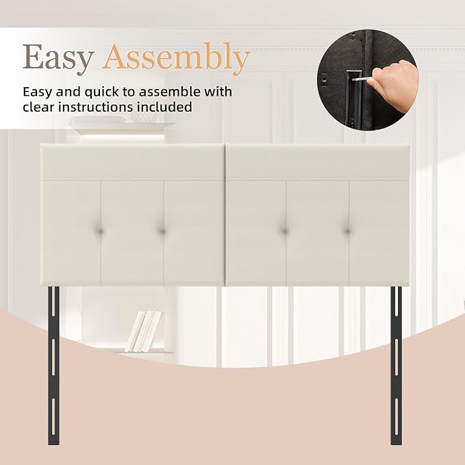 Headboard Queen Size Upholstered Faux Leather, Queen Headboard with Sturdy Metal Legs, Tufted Upholstery Design Headboards with Adjustable Width & Height (Ivory)