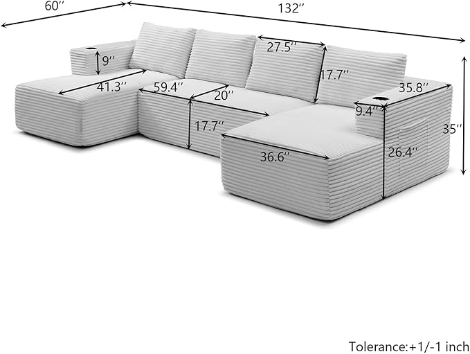 132 Inch Modular Sectional Sleeper Sofa, Boneless Cloud Couch for Living Room, U Shaped 5 Seat Sofa with 2 Cup Holders, Free Combination, No Assembly Required (Blue)