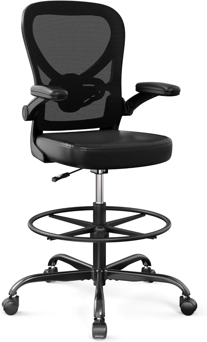 Alolo Drafting Chair,Ergonomic Tall Office Chair with Foot Rest Ring,Executive Leather Office Chair for Counter Height and Standing Desk with Lumbar Support and Flip-up Armrests for Home Office,PU.