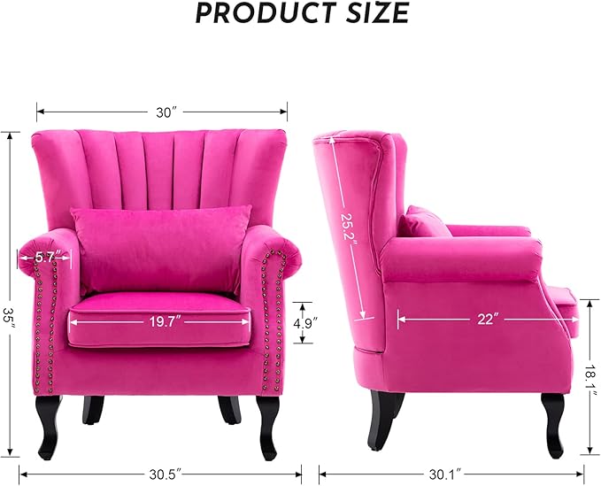 Accent Reading Arm Chairs Set of 2 Midcentury Modern Comfy Corner Sofa Chair, Wingback Waiting Room Club Chair with Tufted Back for Living Room/Bedroom/Reception Room, Velvet Rose