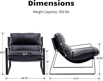HEAH-YO Modern Accent Chairs Set of 2, PU Faux Leather Living Room Chairs with Removable Cushion and Solid Metal Frame, Comfy Reading Chairs for Bedroom, Black