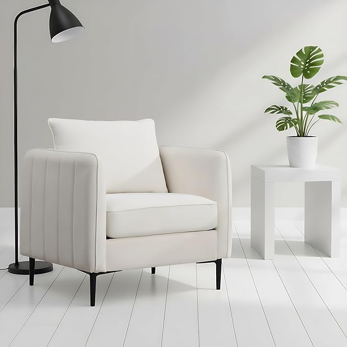 Velvet Accent Chairs Set of 2, Comfy Upholstered Single Sofa Chair Mid-Century Modern Armchair with Thick Cushion and Wood Frame Side Chair for Living Room Bedroom Apartment (Ivory)