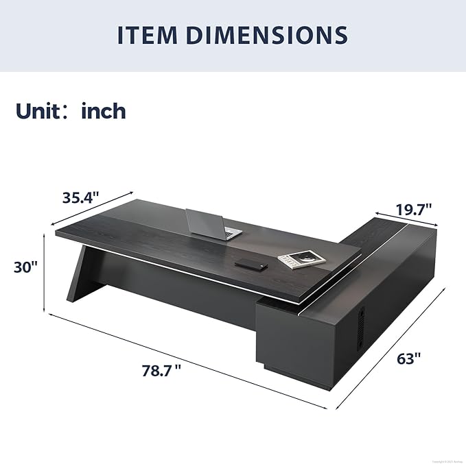L-Shaped Black Executive Desk with Drawers, Large Modern Executive Office Desk with Storage Cabinets, Cable Box, Wide Desktop – Home Office Desk (Left, 79" L * 63" W * 30" H)
