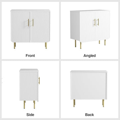 Modern Fluted White Storage Cabinet with 2 Doors, Adjustable Shelves, and Metal Legs, Accent Buffet Sideboard for Living Room, Dining Room, Entryway (White & Gold)
