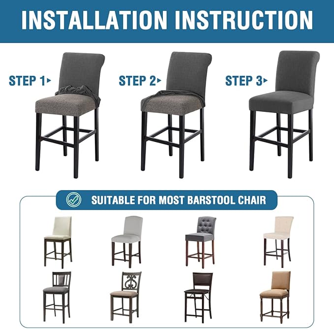 H.VERSAILTEX 100% Waterproof Barstool Covers Slipcovers Stretch Pub Counter Stool Chair Covers Height Stool Seat Covers Removable Stool Covers Jacquard Crizzle Pattern Chair Seat Covers Set Of 4, Grey
