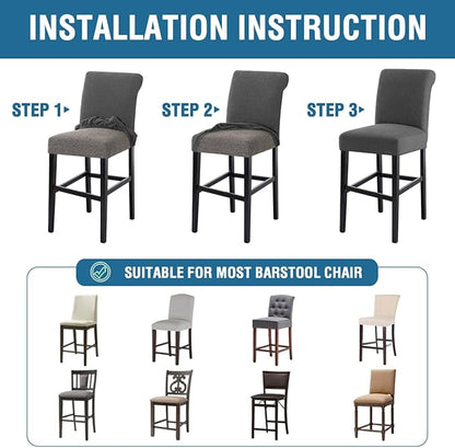 H.VERSAILTEX 100% Waterproof Barstool Covers Slipcovers Stretch Pub Counter Stool Chair Covers Height Stool Seat Covers Removable Stool Covers Jacquard Crizzle Pattern Chair Seat Covers Set Of 4, Grey