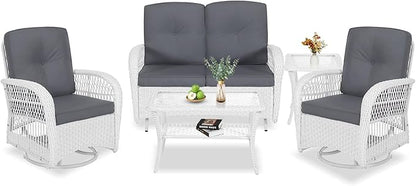 VIVIJASON 5-Piece Outdoor Patio White Wicker Conversation Sets, All Weather Outdoor Rattan Furniture Set Includes Glider Loveseat, 2 Coffee Table, 2 Swivel-Gliders Chairs with Cushions, Grey