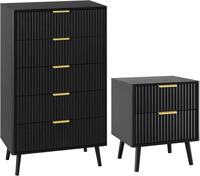 LYNSOM Fluted Dresser and Nightstand Sets 2 Piece, 2-Drawer Nightstands and 5-Drawers Dresser, Wood Bedroom Furniture Set for Home, Bedroom, Hallway, Black