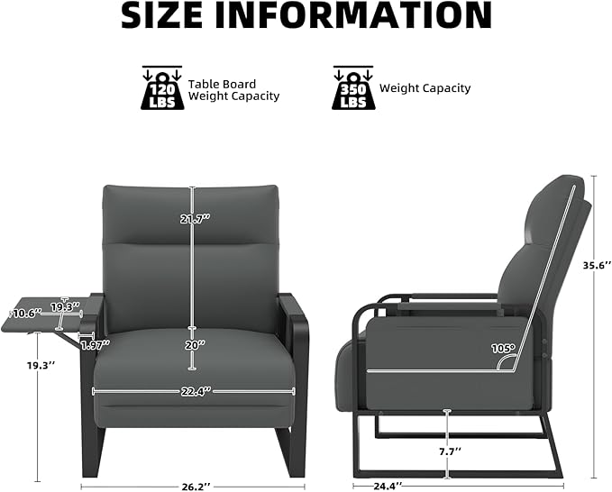 Upholstered Accent Chairs Set of 2, Modern Faux Leather Sofa Chairs with Foldable Side Tray Table & Storage Pocket, Small Accent Sofas for Living Room, Bedroom, Gray