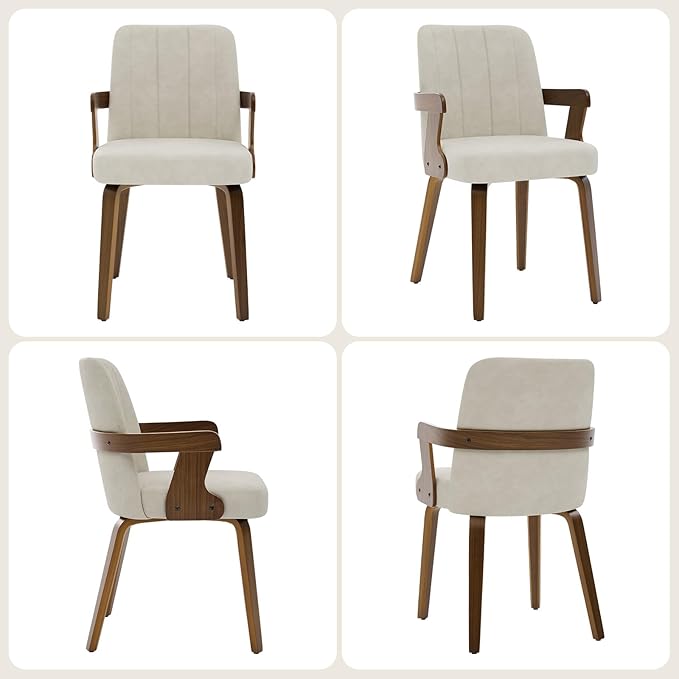 Kitchen Dining Chairs Set of 4, Faux Leather Upholstered Dining Room Chairs with Wood Arms and Legs, Mid Century Modern Kitchen Side Chair for Living, Bedroom, Restaurant, Walnut/Beige