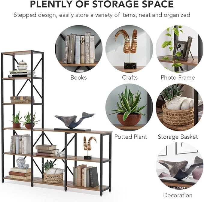 Tribesigns Modern 9 Shelves Bookshelves, Industrial Stepped Ladder Corner Etagere Bookcase, Rustic 6-Tier Display Open Shelf Storage Organizer for Living Room