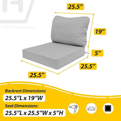 AAAAAcessories Outdoor Deep Seat Cushions, Waterproof, Fade-Resistant Patio Furniture Replacement Cushions, 25.5" x 25.5" x 5" + 25.5" x 19", Set of 2, Gray