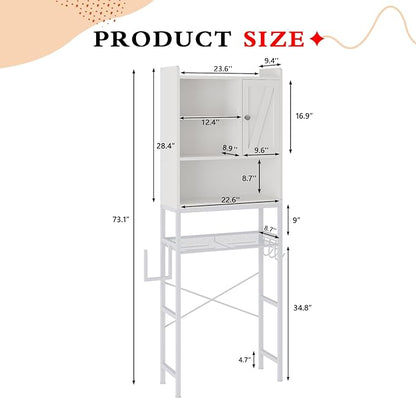 AWQM Over The Toilet Storage Cabinet, Bathroom Cabinet Organizer with Adjustable Shelf, Freestanding Space Saver Toilet Stands with Door, Paper Hook, Multifunctional Bathroom Toilet Rack, White