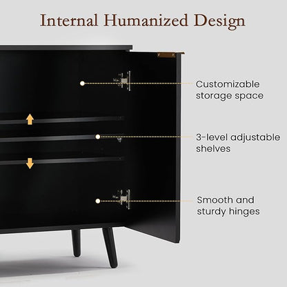 Fluted Storage Cabinet with Doors Set of 2, Wooden Sideboard Buffet Cabinet with Adjustable Shelves, Modern Accent Table for Living Room, Entryway, Black