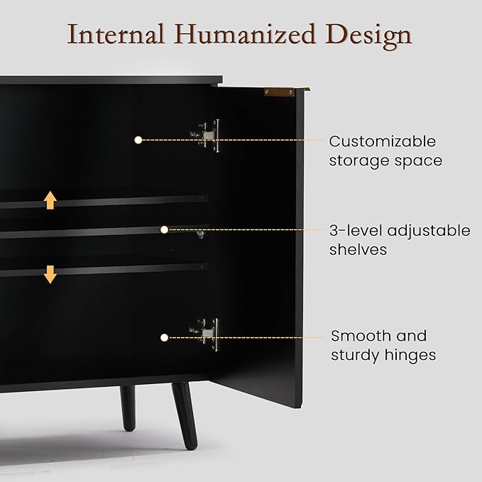 Fluted Storage Cabinet with Doors, Wood Sideboard Buffet Cabinet with Adjustable Shelf, Modern Accent for Living Room, Entryway (Set of 3, Black)