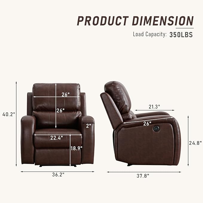 Electric Recliner Chair, Soft PU Leather Power Recliners with Padded Backrest, Single Overstuffed Heavy Duty Reclining Sofa for Living Room Bedroom, Brown