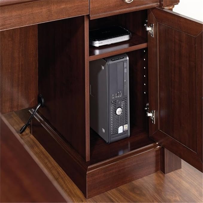 Pemberly Row 65" x 69" Contemporary Engineered Wood L-Shaped Desk with Storage, Drawers, Flip-Down Panel, Grommet Holes, for Home Office/Workspace, in Select Cherry Finish