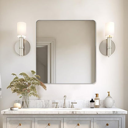 ANDY STAR Square Brushed Nickel Mirror for Bathroom, 24”x24” Silver Metal Frame Wall Mirror, Rounded Corner Stainless Steel Hangs Horizontal Or Vertical