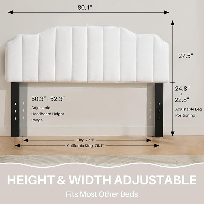 King Size Headboard, White Upholstered Headboard Adjustable Height&Width Velvet Headboards Modern Vertical Channel Design Bed Head Board, White