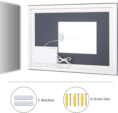 VooBang LED Wall Mounted Mirror with Lights, 40x30 inches Bathroom Mirror, Button to Adjust Lights, Three Lighting Modes, Tempered Glass with Anti-Fog Function, Suitable for Vanity and Bedroom, White