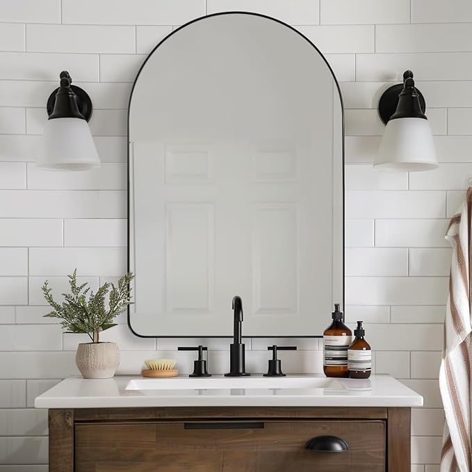 ANDY STAR Arched Mirror, 24 x 36 Inch Black Wall Mirror in Stainless Steel Metal Frame, Arch Top Rounded Corner 1 Inch Deep Set Design Wall Mount Hangs Vertical