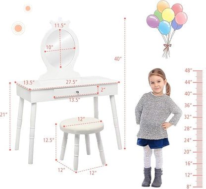 Costzon Kids Vanity Set, Wooden Princess Makeup Table with Cushioned Stool, Large Drawer, Solid Wooden Legs and Crown Mirror, Make Up Dressing Table Set for Girls (White)