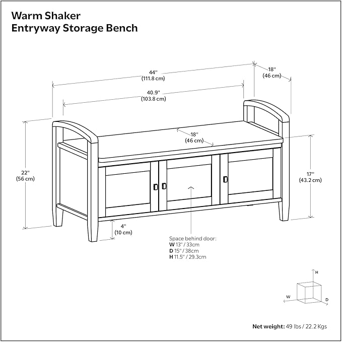 SIMPLIHOME Warm Shaker Entryway Storage Bench - 44 inch Wide Solid Wood Storage Seat in Light Golden Brown, Transitional Bench Seat for Mudroom or Living Room with Lift-Up Lid and Shaker-Style Panels