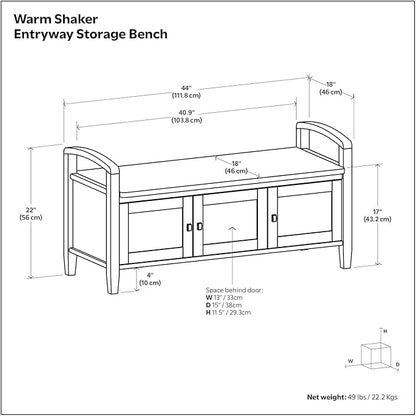 SIMPLIHOME Warm Shaker Entryway Storage Bench - 44 inch Wide Solid Wood Storage Seat in White, Transitional Bench Seat for Mudroom or Living Room with Lift-Up Lid and Shaker-Style Panels