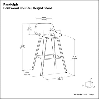 SIMPLIHOME Randolph Counter Stools (Set of 2) - 28 Inch Seat Height Upholstered Bentwood Kitchen Seats in Natural Linen Look Fabric, Mid Century Modern Seating with Curved Backrest and Chrome Footrest