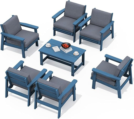 SERWALL HDPE Outdoor Furniture Set, 7 Piece All Weather Wood-Like Outdoor Sofa Sectional Couch, Blue Patio Furniture Set with Grey Cushions