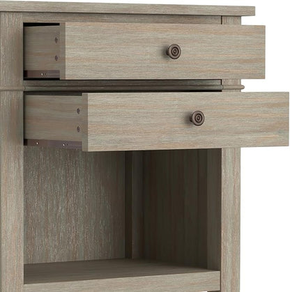 SIMPLIHOME Carlton Bedside Table - 24 inch Wide Solid Wood Nightstand Table in Distressed Grey, Transitional Bedroom Side or End Table with 2 Drawers, Open Storage Shelf and Bronze Hardware
