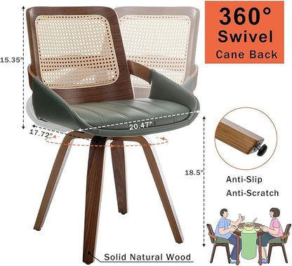Set of 4 Green Rattan Dining Chairs - Mid Century Modern Dining Chairs with Walnut Bentwood Frame, Ergonomic Rattan Back, Curved Arms, Versatile for Living Room/Conference/Kitchen (Walnut Green)
