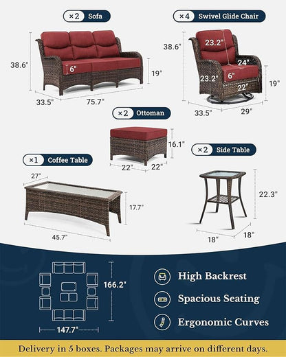 HILLGA Luxury Patio Furniture Set with 6-inch Thick Cushion, Outdoor Couch and High Back Swivel Rocker Patio Chairs, 11PCS Wicker Conversation Set for Deck Yard and Poolside, Burgundy (V2)