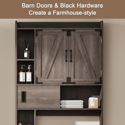 ChooChoo Over The Toilet Storage Cabinet, Farmhouse Bathroom Storage Cabinet with Sliding Door, Over Toilet Storage with Adjustable Shelves, Space-Saving, Grey