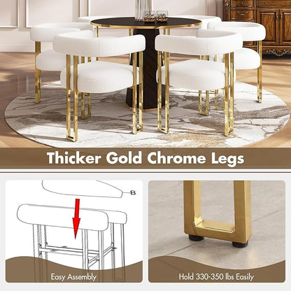 Set of 4 Modern White Boucle Dining Chairs with Gold Metal Legs, Mid Century Accent Upholstered Barrel Armchairs with Open-Back for Kitchen, Dining Room, Living Room, Apartment