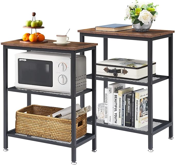 VECELO Tall End Side Tables,30" Height Nightstand with 3-Tier Storage Shelf for Bedroom Living Room, Easy Assembly,Industrial Style, Brown