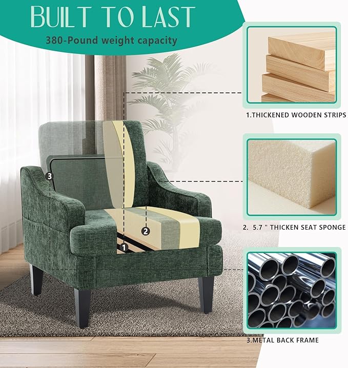 Modern Accent Chairs Set of 2 Upholstered Reading Chair for Bedroom with Side Pockets Comfy Living Room Chairs Living Room Oversized Armchair for Office, Apartment (Green Chenille)