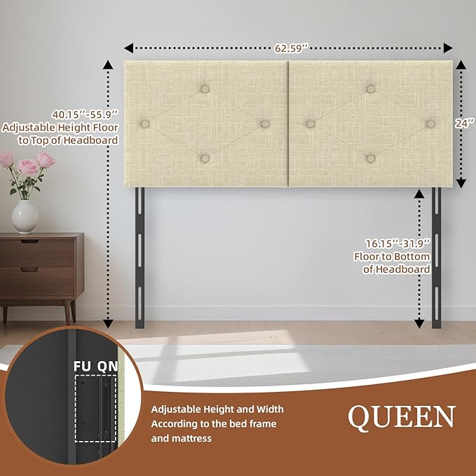 Modern Queen Headboard, Upholstered Linen Fabric Bed Headboard with Solid Wood & Sturdy Metal Legs, Tufted Adjustable Height Headboards in Button Design, Linen