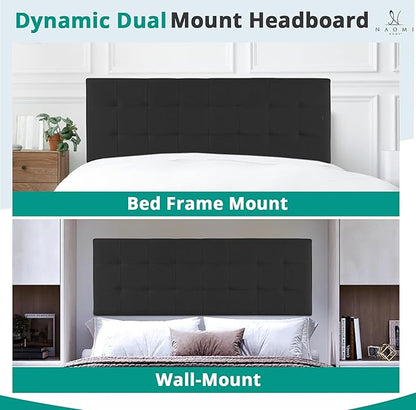 Naomi Home Jessenia Full Size Bed Headboard, Square Tufted, White Linen Fabric, Height Adjustable 42"-52", Metal Legs, Wall/Bed Mount