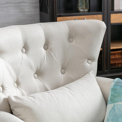Accent Reading Arm Chairs with Ottoman Set of 2 for Living Room Bedroom, Midcentury Modern Corner Sofa Chair, Wingback Waiting Room Club Chair with Tufted Back &Lumbar Pillow, Linen Beige