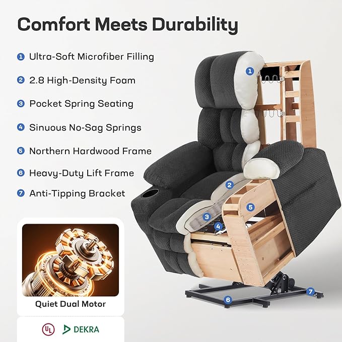 Tami Tami Dual Motor Power Lift Chair Recliner for Elderly with Massage and Heat, Infinite Position Electric Lift Recliner with Adjustable Headrest, USB (T6015 - Plush Fabric, Medium, Dark Gray)