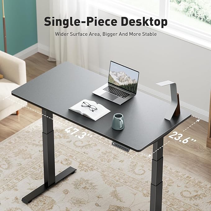 3 Stages Dual Motor Electric Standing Desk with One Piece Desktop, 48 x 24 Inch Adjustable Height Sit to Stand Up Desk for Home Office, Work & Study, Black Frame & Black Desktop (2 Packages)