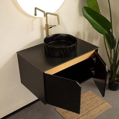 Bathroom Vanity with Sink 30 Inch, Floating Modern Vanity with Vessel Sink, Fluted Bathroom Vanity Cabinet with 2 Doors with Metal Trim, Black Round Sink & Sintered Stone Top, Black