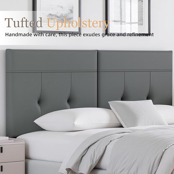 Headboard Queen Size Upholstered Faux Leather, Queen Headboard with Sturdy Metal Legs, Tufted Upholstery Design Headboards with Adjustable Width & Height (Grey)